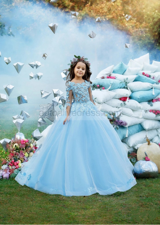Sky Blue Lace Tulle V Back Gorgeous Flower Girl Dress